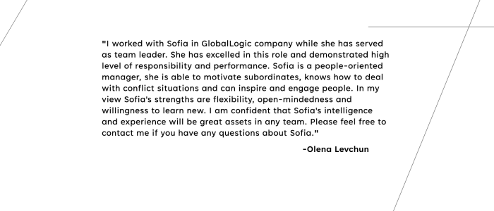 Sofia Zelenova testimonial from Olena Levchun